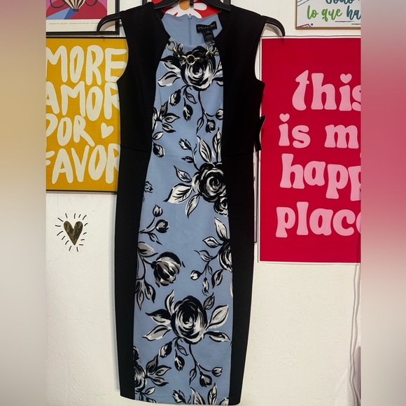 NEW Stella & Julie Floral Bodycon Dress Size 4 – Elegant Blue Black Print - Picture 1 of 3